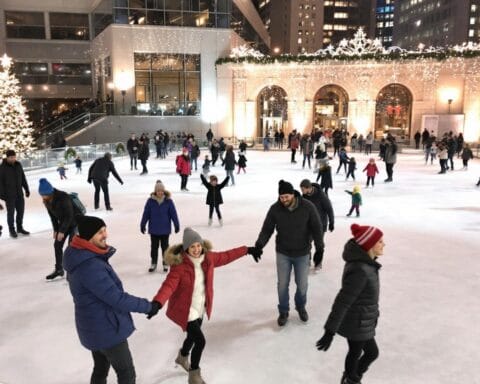 A festive ice skating rink set in a city environment, with people of all ages skating and enjoying the activity. A brightly decorated Christmas tree stands to the left, and lights adorn surrounding buildings, creating a cheerful holiday atmosphere. Tall high-rise buildings frame the background of the urban plaza.