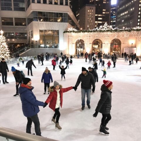 A festive ice skating rink set in a city environment, with people of all ages skating and enjoying the activity. A brightly decorated Christmas tree stands to the left, and lights adorn surrounding buildings, creating a cheerful holiday atmosphere. Tall high-rise buildings frame the background of the urban plaza.
