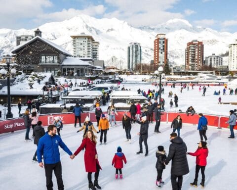A vibrant outdoor ice skating scene set in an urban area surrounded by snowy mountains. People of all ages are skating on a rink under a clear blue sky. The background features a mix of chalet-style buildings with festive lights and modern high-rises, creating a cheerful and lively atmosphere.