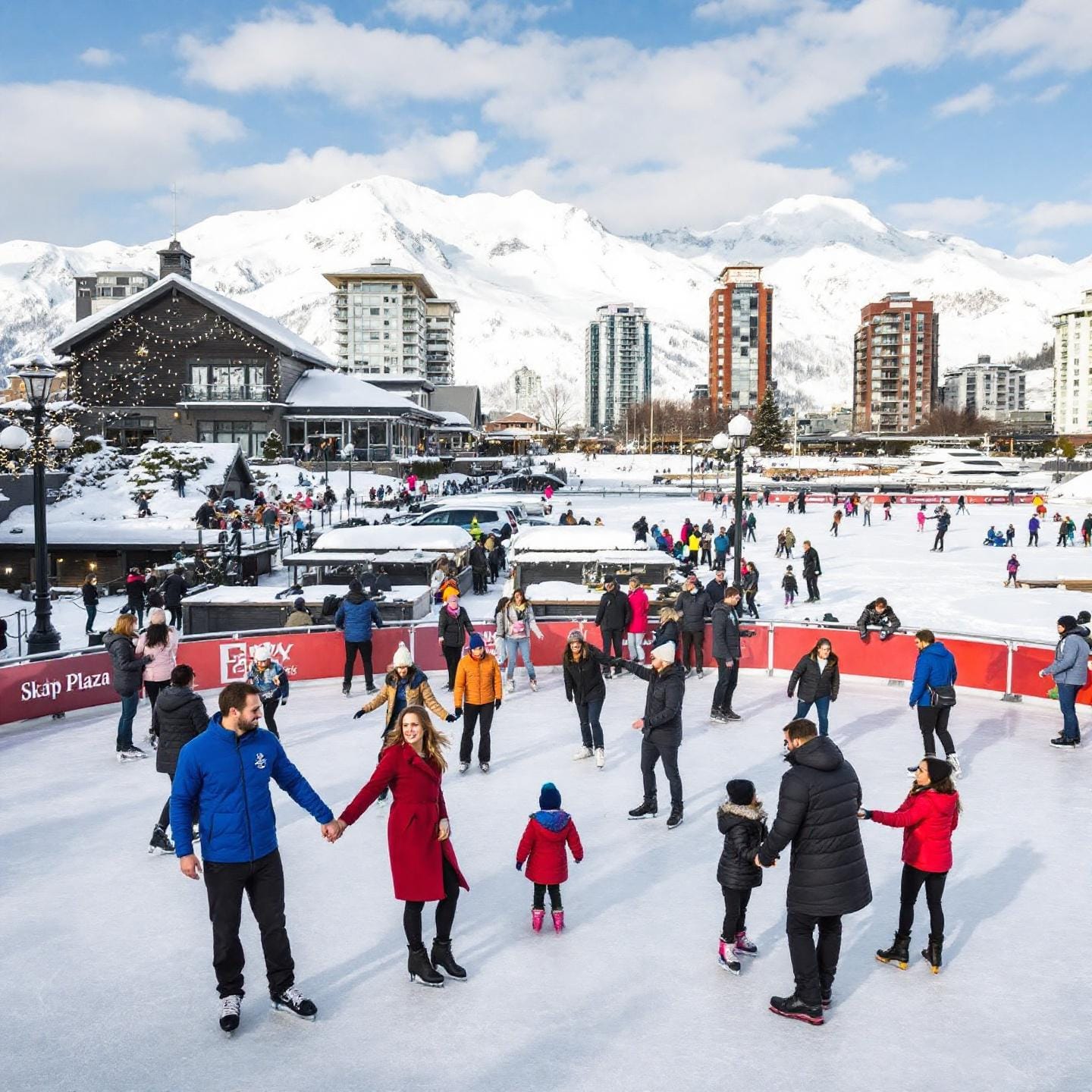 A vibrant outdoor ice skating scene set in an urban area surrounded by snowy mountains. People of all ages are skating on a rink under a clear blue sky. The background features a mix of chalet-style buildings with festive lights and modern high-rises, creating a cheerful and lively atmosphere.