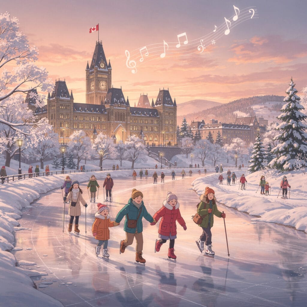 An illustrated winter scene showing people ice skating on a frozen canal surrounded by snowy trees. A grand, historic building flying a Canadian flag is in the background under a glowing sunset. Musical notes fill the sky, evoking festivity and joy.