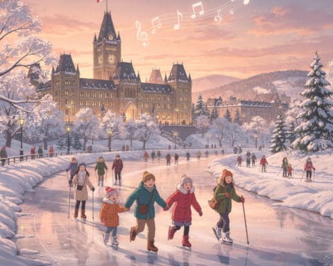 An illustrated winter scene showing people ice skating on a frozen canal surrounded by snowy trees. A grand, historic building flying a Canadian flag is in the background under a glowing sunset. Musical notes fill the sky, evoking festivity and joy.