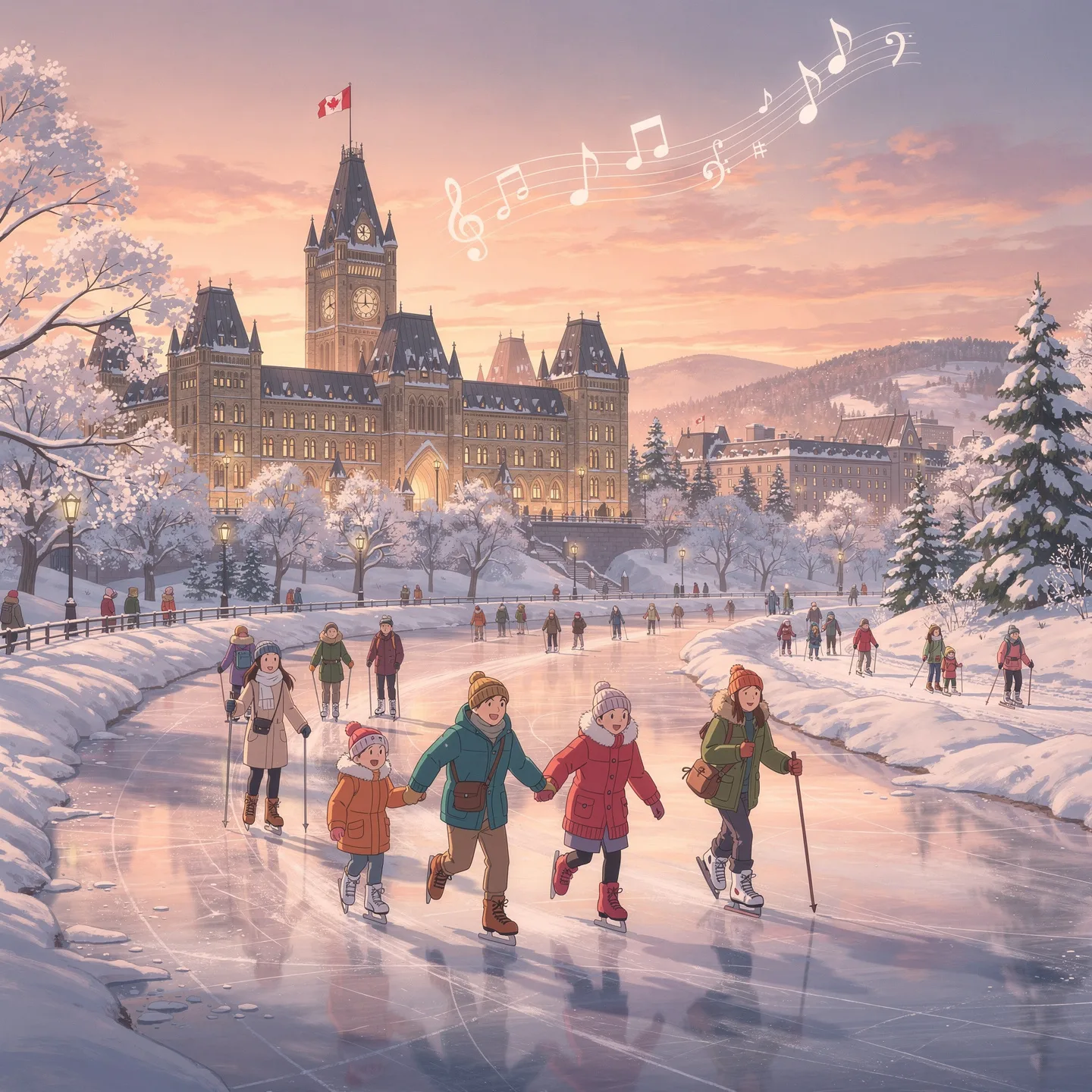 An illustrated winter scene showing people ice skating on a frozen canal surrounded by snowy trees. A grand, historic building flying a Canadian flag is in the background under a glowing sunset. Musical notes fill the sky, evoking festivity and joy.