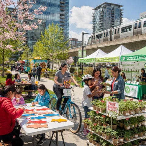 A bustling outdoor community event with tents labeled 'Earth Day Survey' and 'Sustainability Now.' Attendees participate in activities like receiving free tomato plants, painting wooden fish shapes, and cycling with an attached cart. Others are seated at tables or walking around. In the background, an elevated train passes with skyscrapers visible, and cherry blossom trees enhance the springtime atmosphere.