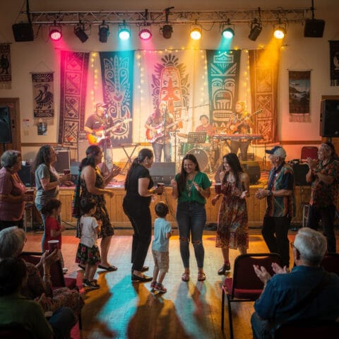A lively indoor music event featuring a band performing on a stage decorated with colorful tribal-themed banners and vibrant lights. People of all ages, including adults and children, are dancing and socializing in front of the stage, enjoying the engaging atmosphere filled with music and energy.