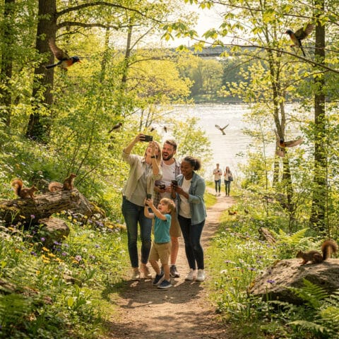 A group of people take selfies and photos with their smartphones in a lush, green forested area near a body of water. They are surrounded by wildlife, including squirrels and birds, under a bright and cheerful sky, enjoying a pleasant outdoor experience.