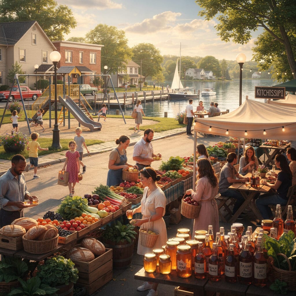 An outdoor market by the waterfront on a sunny day with various stalls offering fresh produce like vegetables, fruits, and jars of preserves. People are shopping and socializing, carrying baskets of goods. In the background, a playground has children playing, and sailboats are docked along the water, all set in a charming small-town setting.