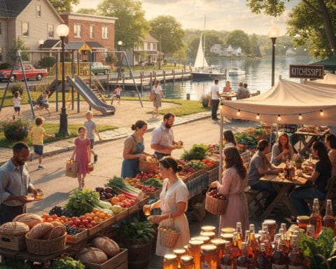 An outdoor market by the waterfront on a sunny day with various stalls offering fresh produce like vegetables, fruits, and jars of preserves. People are shopping and socializing, carrying baskets of goods. In the background, a playground has children playing, and sailboats are docked along the water, all set in a charming small-town setting.