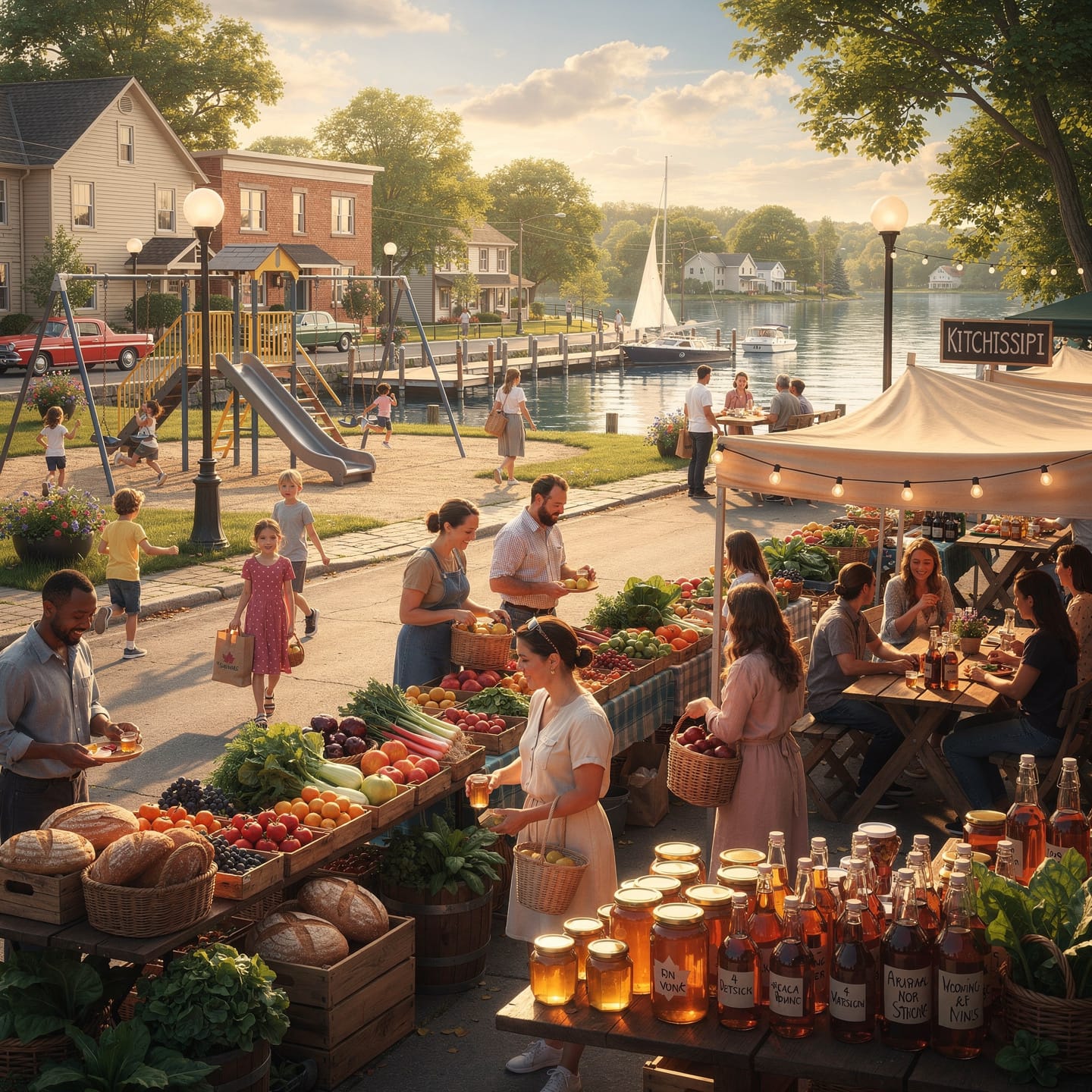 An outdoor market by the waterfront on a sunny day with various stalls offering fresh produce like vegetables, fruits, and jars of preserves. People are shopping and socializing, carrying baskets of goods. In the background, a playground has children playing, and sailboats are docked along the water, all set in a charming small-town setting.
