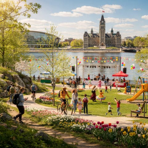 A vibrant outdoor festival taking place in a park featuring people walking, cycling, and playing. There are colorful balloons, bunting, and flower beds with tulips and daffodils. A stage hosts a performance or concert, while in the background, a large historic building stands across a body of water. The atmosphere is lively and celebratory.