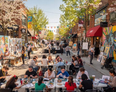 A vibrant street scene featuring an art festival or outdoor event, with tables where people are drawing or painting, artworks displayed on easels and tables, and trees as well as shops with colorful signs and awnings lining the street. The area is decorated with flags strung overhead, and the street is filled with bustling visitors enjoying the event.