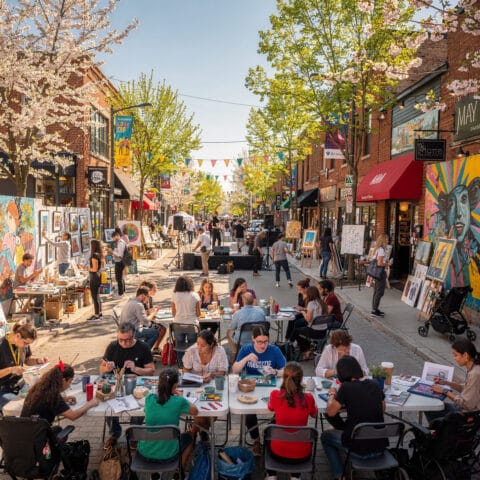 A vibrant street scene featuring an art festival or outdoor event, with tables where people are drawing or painting, artworks displayed on easels and tables, and trees as well as shops with colorful signs and awnings lining the street. The area is decorated with flags strung overhead, and the street is filled with bustling visitors enjoying the event.