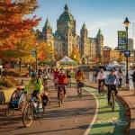 A group of cyclists ride along a bike path in an urban area during the 'Go By Bike Week' event. The path is next to a body of water, with large historic-looking buildings featuring green roofs in the background. The scene takes place on a bright, sunny day with autumn foliage. Signs and a tent related to the event are visible nearby.