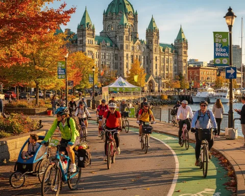 A group of cyclists ride along a bike path in an urban area during the 'Go By Bike Week' event. The path is next to a body of water, with large historic-looking buildings featuring green roofs in the background. The scene takes place on a bright, sunny day with autumn foliage. Signs and a tent related to the event are visible nearby.