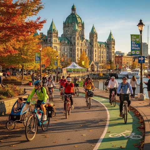 A group of cyclists ride along a bike path in an urban area during the 'Go By Bike Week' event. The path is next to a body of water, with large historic-looking buildings featuring green roofs in the background. The scene takes place on a bright, sunny day with autumn foliage. Signs and a tent related to the event are visible nearby.