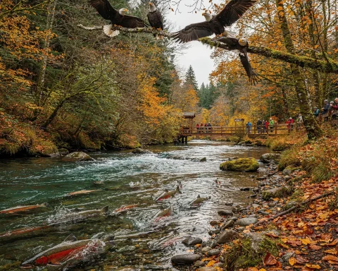 A picturesque autumn scene featuring a river with salmon swimming upstream as part of their spawning migration. Several eagles are perched on a branch above the river, seemingly watching the fish. In the background, a group of people stand on a wooden bridge, taking in the view. The landscape is adorned with vibrant autumn foliage in shades of red, orange, and yellow.