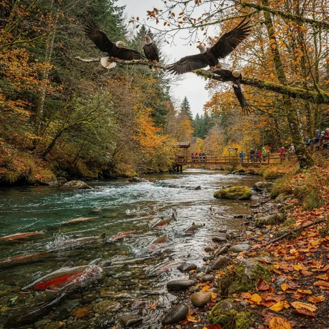 A picturesque autumn scene featuring a river with salmon swimming upstream as part of their spawning migration. Several eagles are perched on a branch above the river, seemingly watching the fish. In the background, a group of people stand on a wooden bridge, taking in the view. The landscape is adorned with vibrant autumn foliage in shades of red, orange, and yellow.