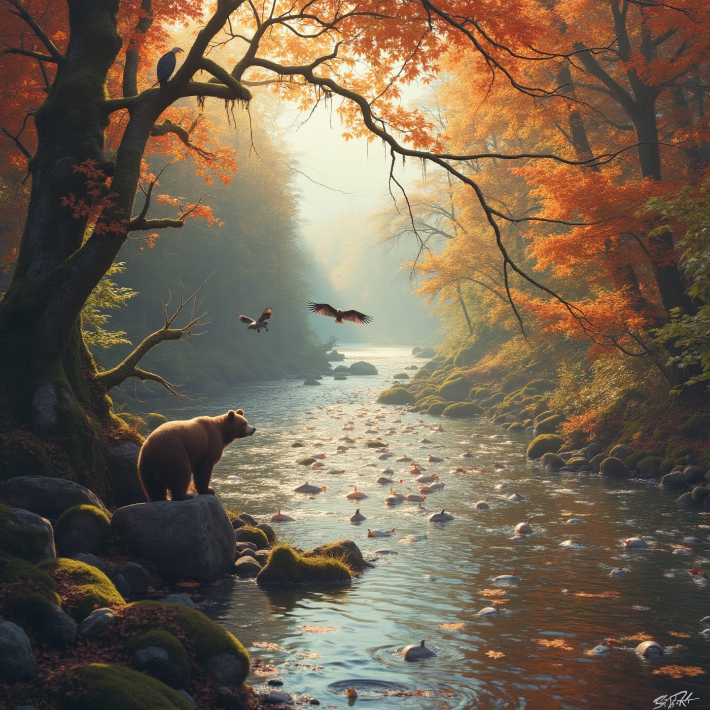 A peaceful autumn forest scene with vibrant fall foliage. A river runs through the forest, where salmon are swimming upstream. A bear stands on a rock by the river, while birds are present, with one perched on a branch and others flying above the water.