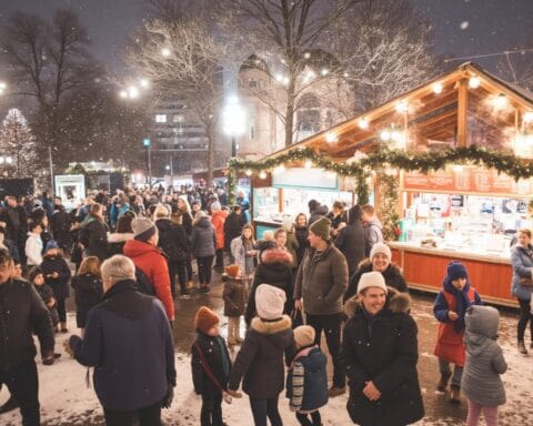 A bustling outdoor Christmas market with wooden stalls decorated with Christmas lights and garlands. Snow is falling, partially covering the ground, while people in winter clothing, such as coats, hats, and scarves, enjoy the cozy holiday atmosphere.