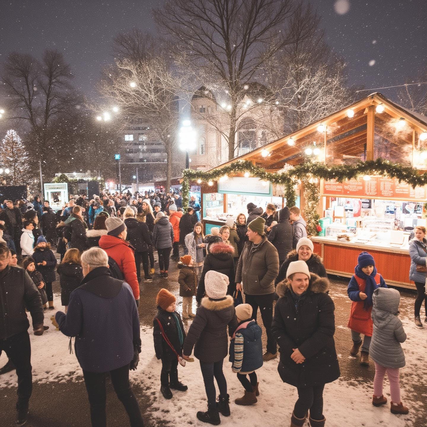 A bustling outdoor Christmas market with wooden stalls decorated with Christmas lights and garlands. Snow is falling, partially covering the ground, while people in winter clothing, such as coats, hats, and scarves, enjoy the cozy holiday atmosphere.
