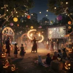 A lively Halloween celebration in an outdoor setting featuring people in costumes such as superheroes and witches. A fire juggler performs in the center, surrounded by decorations like string lights, lanterns, and jack-o'-lanterns. A large screen in the background plays a Halloween-themed movie, adding to the colorful and festive atmosphere.