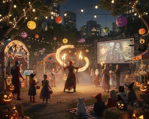 A lively Halloween celebration in an outdoor setting featuring people in costumes such as superheroes and witches. A fire juggler performs in the center, surrounded by decorations like string lights, lanterns, and jack-o'-lanterns. A large screen in the background plays a Halloween-themed movie, adding to the colorful and festive atmosphere.