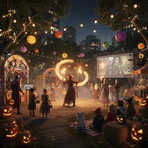 A lively Halloween celebration in an outdoor setting featuring people in costumes such as superheroes and witches. A fire juggler performs in the center, surrounded by decorations like string lights, lanterns, and jack-o'-lanterns. A large screen in the background plays a Halloween-themed movie, adding to the colorful and festive atmosphere.