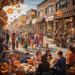 A lively Halloween street scene with people in costumes, including children dressed as witches, superheroes, and fairytale characters. The street is decorated with jack-o'-lanterns and autumn leaves. A band is playing music, and tables are set up for pumpkin carving and food. Signs and decorations suggest a 'Family Halloween Day' event, creating a festive and community-focused atmosphere.