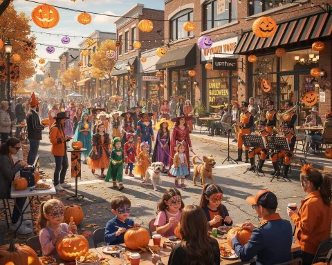 A lively Halloween street scene with people in costumes, including children dressed as witches, superheroes, and fairytale characters. The street is decorated with jack-o'-lanterns and autumn leaves. A band is playing music, and tables are set up for pumpkin carving and food. Signs and decorations suggest a 'Family Halloween Day' event, creating a festive and community-focused atmosphere.