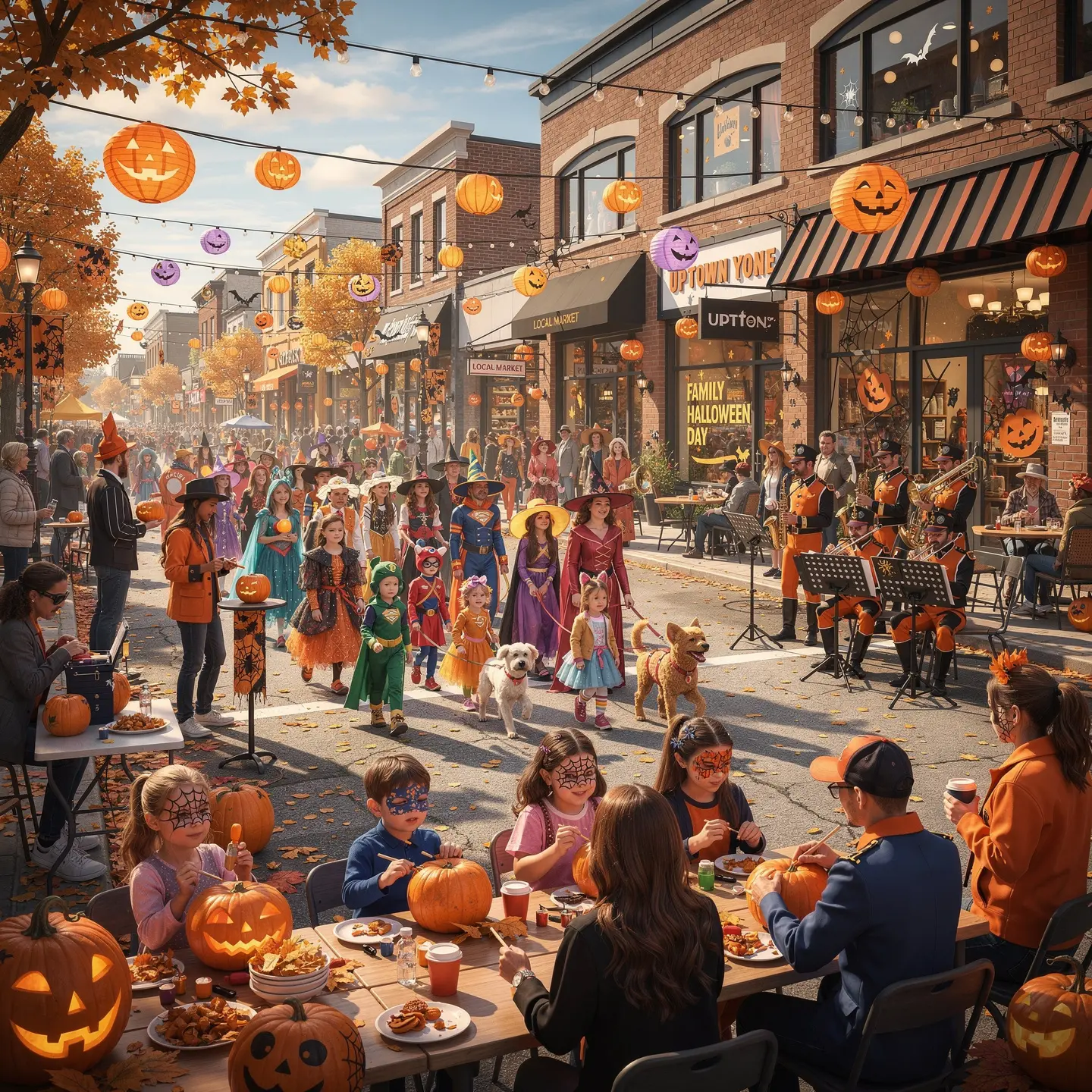 A lively Halloween street scene with people in costumes, including children dressed as witches, superheroes, and fairytale characters. The street is decorated with jack-o'-lanterns and autumn leaves. A band is playing music, and tables are set up for pumpkin carving and food. Signs and decorations suggest a 'Family Halloween Day' event, creating a festive and community-focused atmosphere.