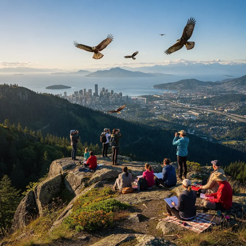 A picturesque view from a mountaintop or high hill overlooking a city skyline next to a body of water. In the foreground, a group of people observes and takes photos, likely focused on birds flying above. Several large birds, possibly hawks or eagles, are seen soaring in the sky. The scene blends a natural landscape with trees and an urban environment, creating a stunning vista.