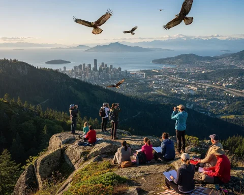 A picturesque view from a mountaintop or high hill overlooking a city skyline next to a body of water. In the foreground, a group of people observes and takes photos, likely focused on birds flying above. Several large birds, possibly hawks or eagles, are seen soaring in the sky. The scene blends a natural landscape with trees and an urban environment, creating a stunning vista.
