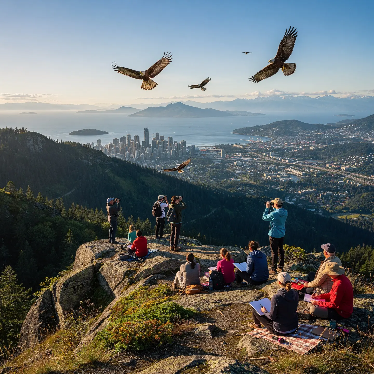 A picturesque view from a mountaintop or high hill overlooking a city skyline next to a body of water. In the foreground, a group of people observes and takes photos, likely focused on birds flying above. Several large birds, possibly hawks or eagles, are seen soaring in the sky. The scene blends a natural landscape with trees and an urban environment, creating a stunning vista.