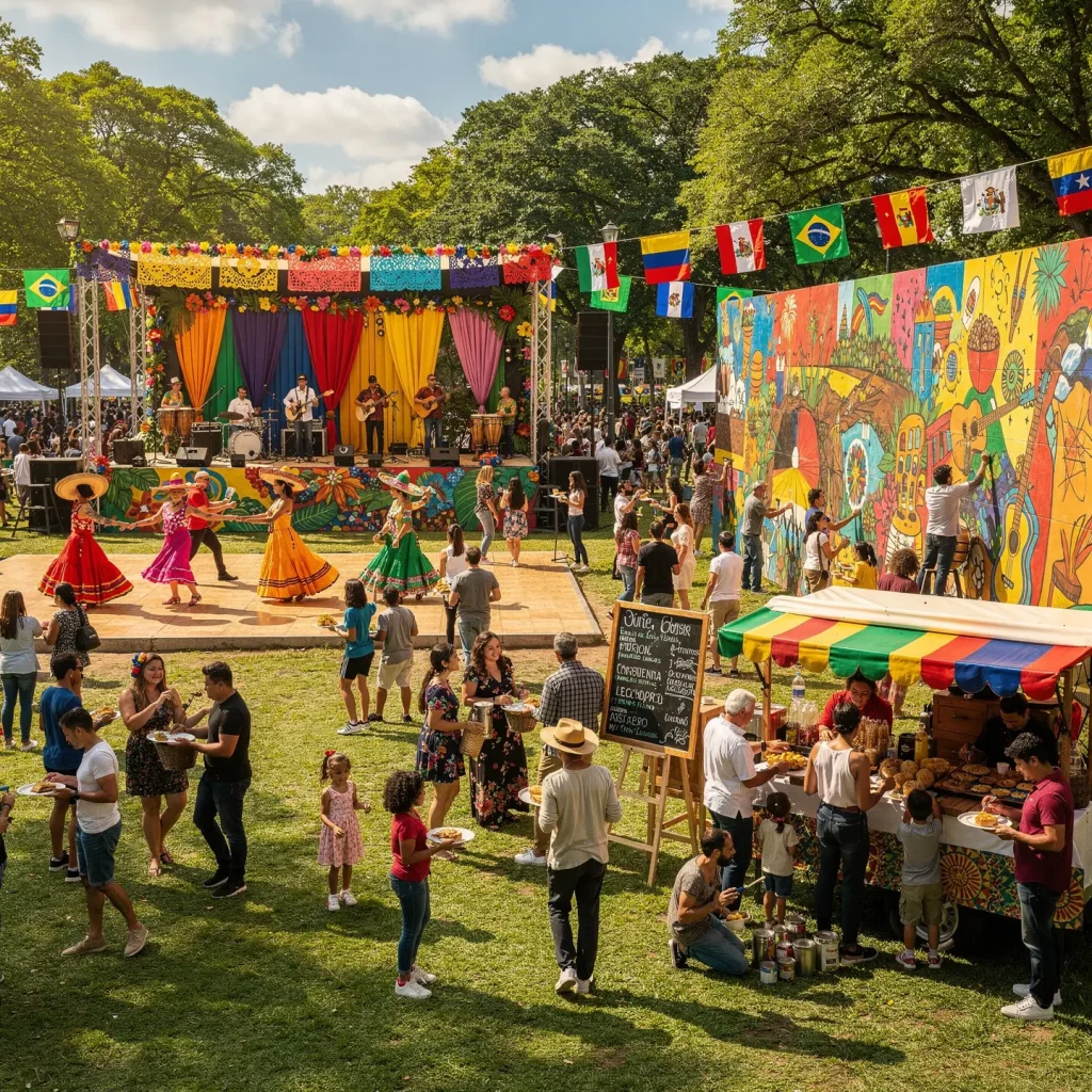 A colorful outdoor festival featuring a stage with musicians performing surrounded by vibrant decorations and flags from countries like Brazil and Mexico. People dressed in traditional attire are dancing near the stage, while a crowd enjoys food from a stall under a colorful canopy. A large mural contributes to the festive ambiance, with music, dance, art, and food creating a lively scene.