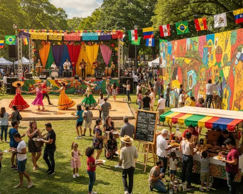A colorful outdoor festival featuring a stage with musicians performing surrounded by vibrant decorations and flags from countries like Brazil and Mexico. People dressed in traditional attire are dancing near the stage, while a crowd enjoys food from a stall under a colorful canopy. A large mural contributes to the festive ambiance, with music, dance, art, and food creating a lively scene.
