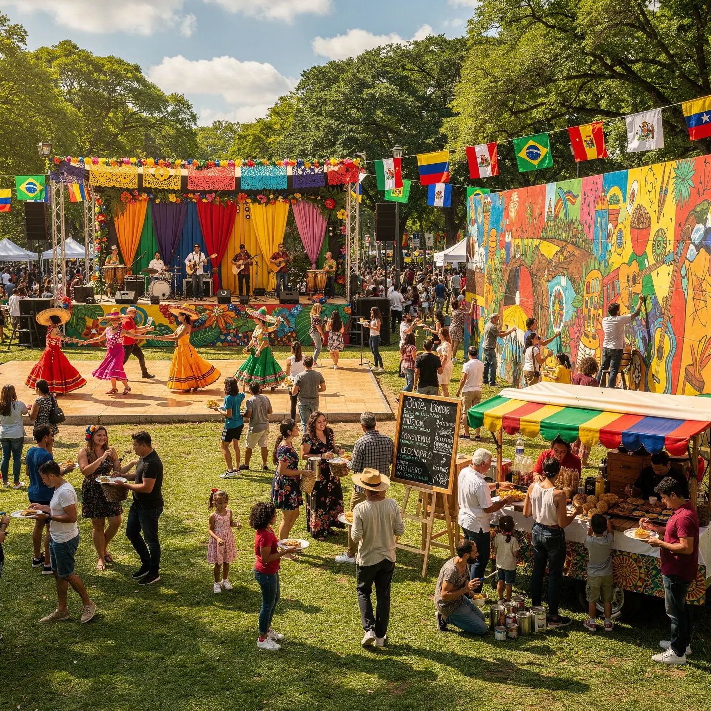 A colorful outdoor festival featuring a stage with musicians performing surrounded by vibrant decorations and flags from countries like Brazil and Mexico. People dressed in traditional attire are dancing near the stage, while a crowd enjoys food from a stall under a colorful canopy. A large mural contributes to the festive ambiance, with music, dance, art, and food creating a lively scene.