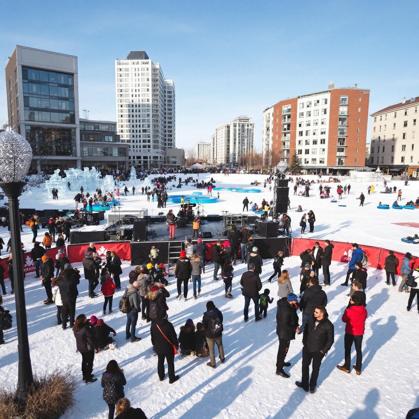 A snowy outdoor scene featuring a large group of people gathered in a public space surrounded by buildings. A stage is set up for a performer or band in the center, with attendees dressed in winter clothing indicating cold weather. Some people are standing, others are walking or sitting, and several ice structures are visible, creating a festive atmosphere suggestive of a winter festival or concert.