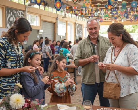 A festive event with a group of people engaged in crafting activities. Colorful decorations hang from the ceiling, and tables are set up with craft materials. The atmosphere is lively and community-focused, with participants enjoying themselves as they create and interact.
