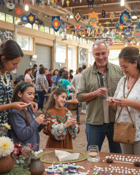 A festive event with a group of people engaged in crafting activities. Colorful decorations hang from the ceiling, and tables are set up with craft materials. The atmosphere is lively and community-focused, with participants enjoying themselves as they create and interact.
