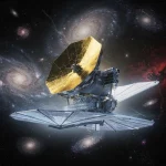 An artistic rendering of a space telescope floating in outer space. It features a large, hexagonal, gold-colored mirror and is surrounded by a backdrop of galaxies and stars, symbolizing advanced space exploration technology in a cosmic environment.