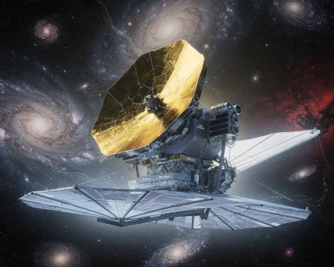 An artistic rendering of a space telescope floating in outer space. It features a large, hexagonal, gold-colored mirror and is surrounded by a backdrop of galaxies and stars, symbolizing advanced space exploration technology in a cosmic environment.