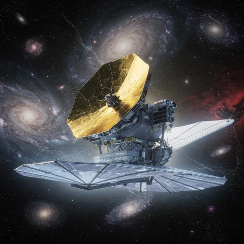 An artistic rendering of a space telescope floating in outer space. It features a large, hexagonal, gold-colored mirror and is surrounded by a backdrop of galaxies and stars, symbolizing advanced space exploration technology in a cosmic environment.