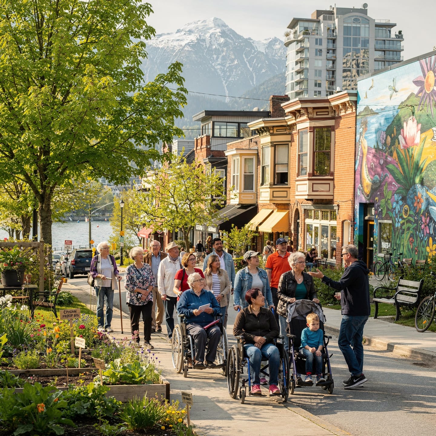 A lively street scene featuring a diverse group of people, including individuals walking and in wheelchairs. The street is lined with colorful buildings and storefronts, with a vibrant mural on one wall. In the background, snow-capped mountains and a body of water create a picturesque setting. A garden with various plants lines the sidewalk, and the weather is clear and pleasant.