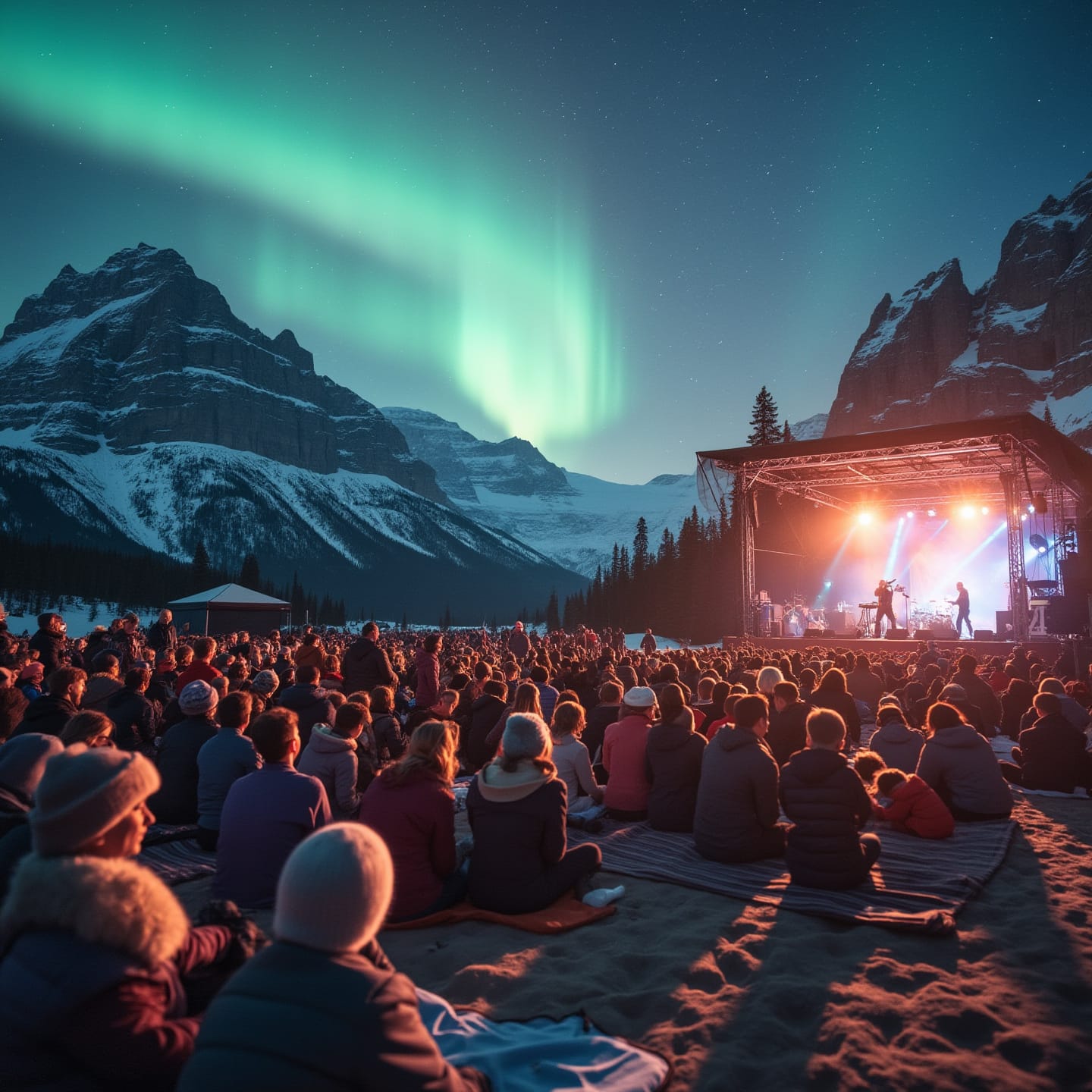 An outdoor concert featuring a crowd seated on the ground in front of a stage. In the background, snowy mountains and a night sky are illuminated by the aurora borealis, blending the natural beauty of the scene with the energy of live music.