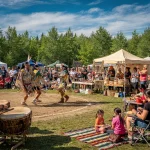 A lively cultural festival featuring performers in traditional Native American attire dancing in an outdoor setting. The dancers are surrounded by an audience, some seated and others standing, with tents and stalls visible in the background. A tent selling 'Fresh Frybread' and 'Bannock' is noticeable. The atmosphere is festive as attendees watch, take photos, and enjoy the event.