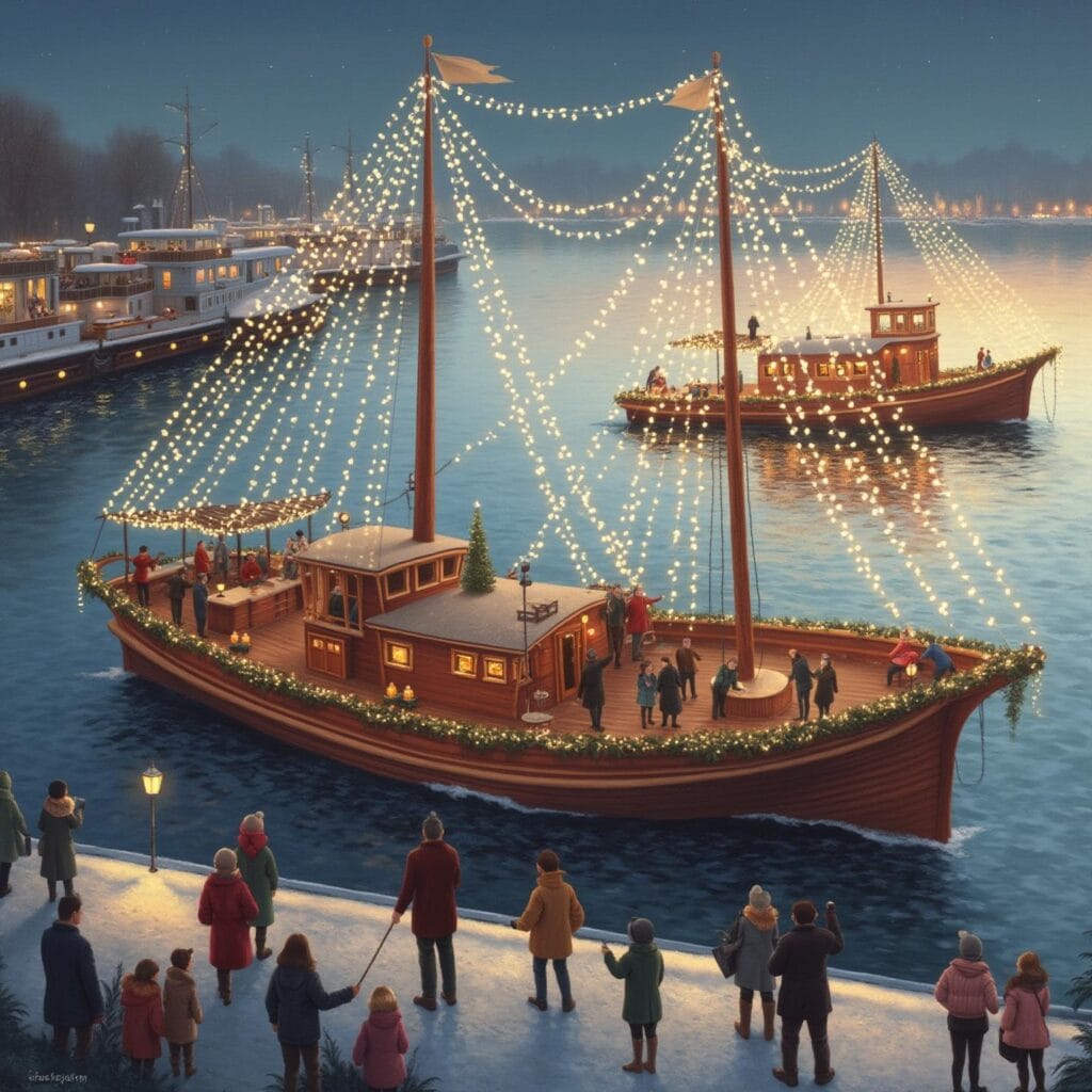A festive nighttime scene on a waterfront featuring two boats decorated with strings of Christmas lights. The closer boat has people onboard and a small Christmas tree, while people on the snowy shore watch the lit boats. The warm decorations create a joyful holiday atmosphere against the evening backdrop.