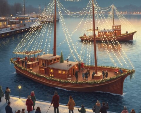 A festive nighttime scene on a waterfront featuring two boats decorated with strings of Christmas lights. The closer boat has people onboard and a small Christmas tree, while people on the snowy shore watch the lit boats. The warm decorations create a joyful holiday atmosphere against the evening backdrop.