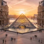 The glass pyramid entrance of the Louvre Museum in Paris at sunset, surrounded by historic buildings and people walking around. The scene is bathed in the warm glow of the setting sun.