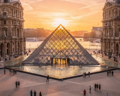 The glass pyramid entrance of the Louvre Museum in Paris at sunset, surrounded by historic buildings and people walking around. The scene is bathed in the warm glow of the setting sun.