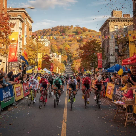 A cycling race taking place on a city street lined with colorful autumn trees. Cyclists race as spectators cheer from both sides. The festive scene includes banners, flags, and confetti in the air, with historic buildings and a scenic hill in the background.